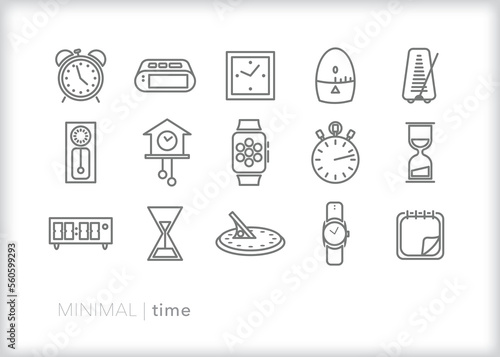 Fototapeta Set of clock line icons for showing the passage of time by digital, analog and o