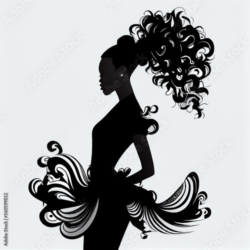 Black woman with beautifully curled hair that is hand-drawn. Girl with long lashes and finely sculpted eyebrows. Vector typeface for a business visit card idea. ideal salon appearance.