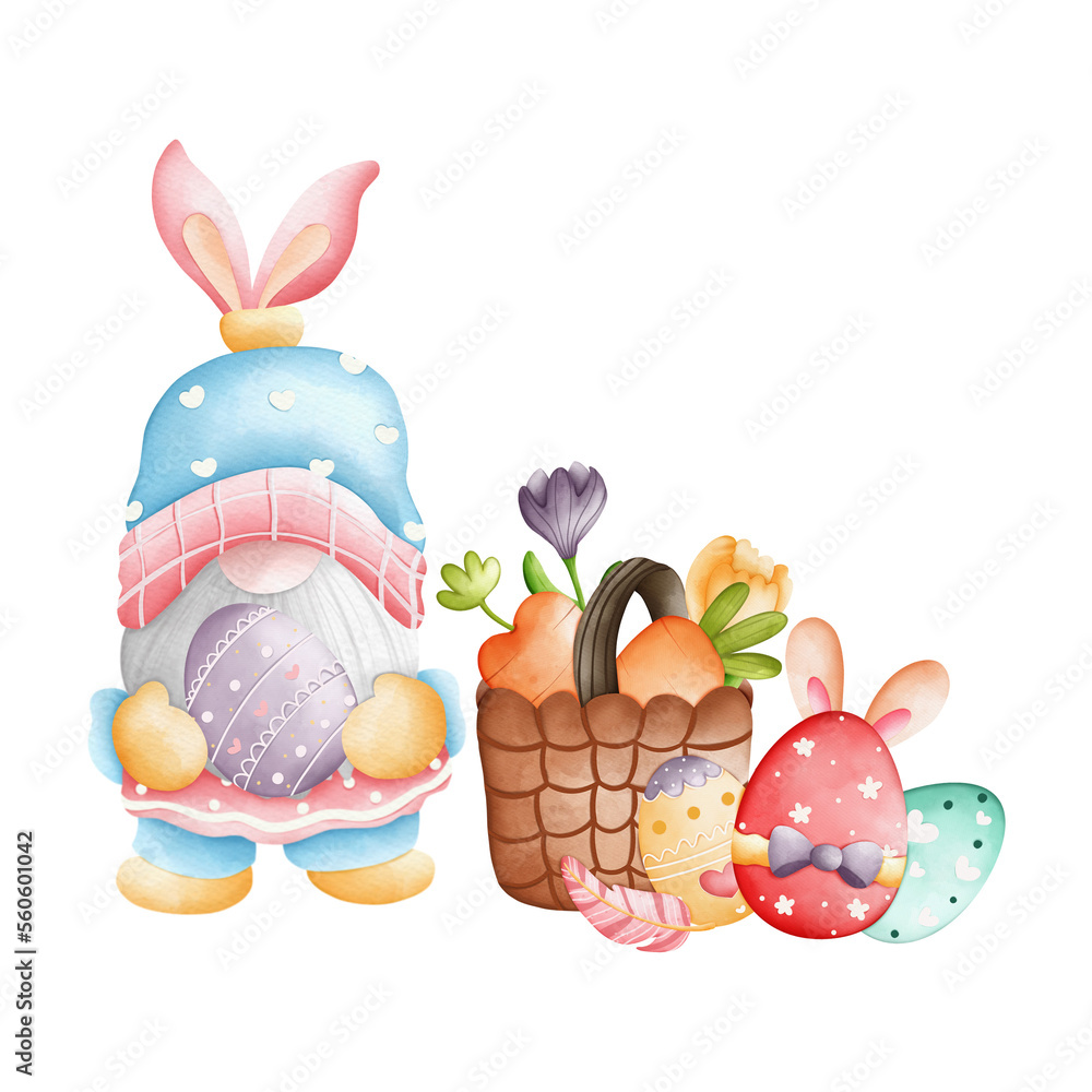Watercolor cute easter gnome, bunny gnome, Rabbit Gnome Easter Elements