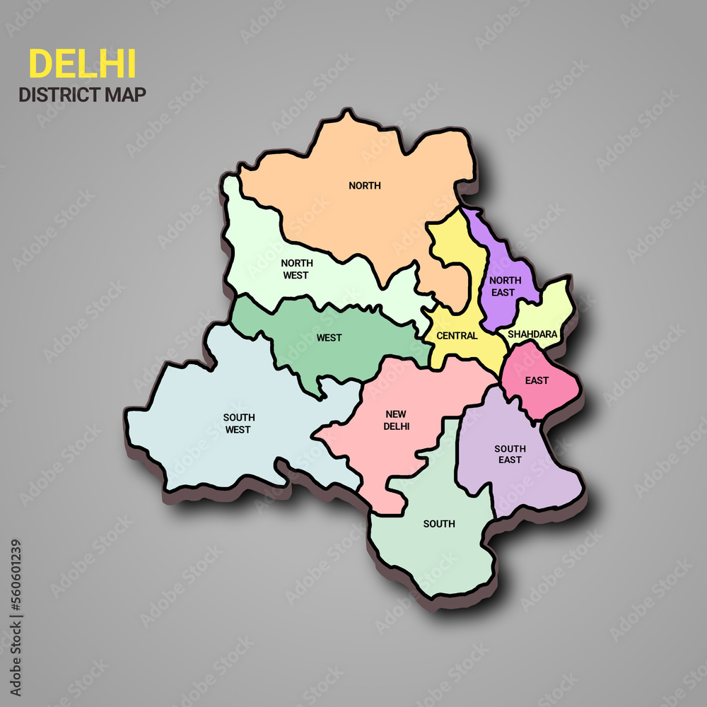 3d rendering map of Delhi is a state of India and his colourful districts and name