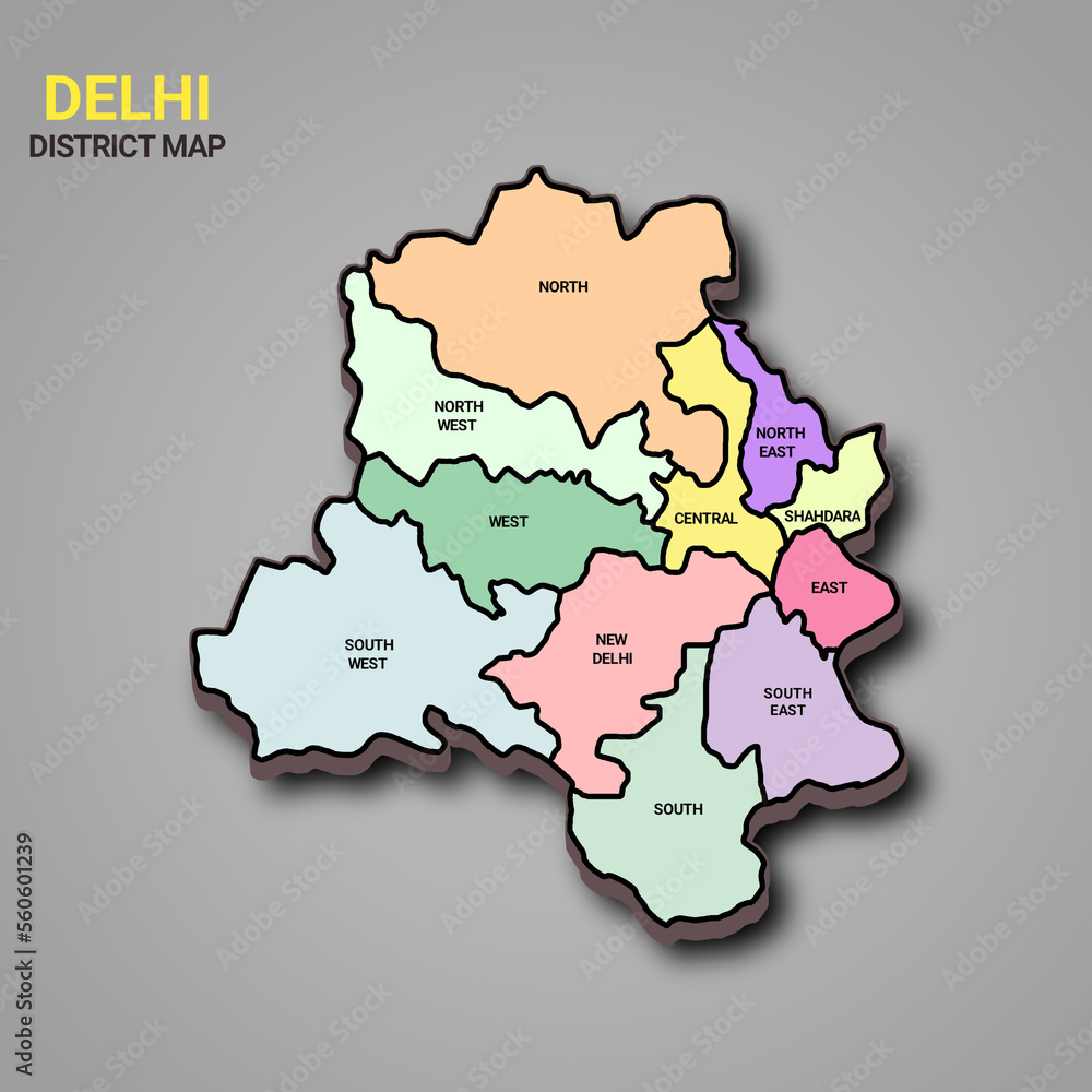 3d rendering map of Delhi is a state of India and his colourful districts and name 3d rendering map of Delhi is a state of India and his colourful districts and name