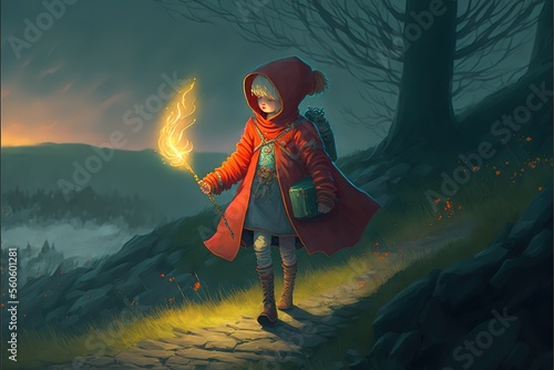 A girl in a red hood near a tree
