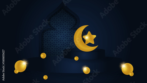 Eid Mubarak with illuminated lamp. Navy design vector Illustration.