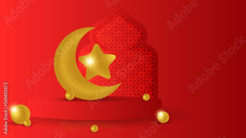 Eid Mubarak with illuminated lamp. Red Vector Illustration.