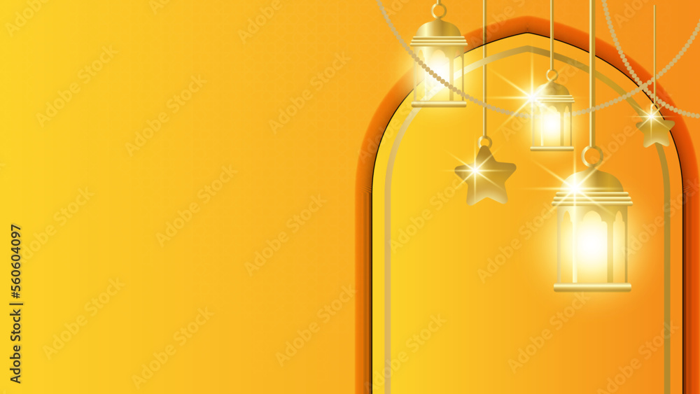 Aam Hijri Mubarak. Happy Islamic New Year. Yellow background design with hanging traditional lantern lamp vector illustration.