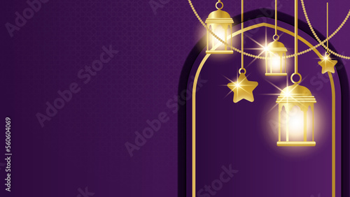 Fototapeta Naklejka Na Ścianę i Meble -  Aam Hijri Mubarak. Happy Islamic New Year. Purple background design with hanging traditional lantern lamp vector illustration.