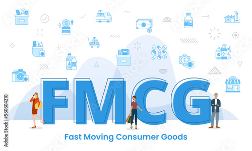 fmcg fast moving consumer goods concept with big words and people surrounded by related icon spreading