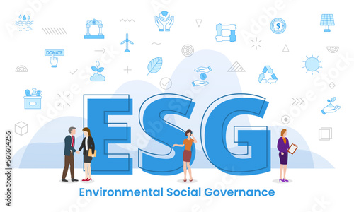 esg environmental social governance concept with big words and people surrounded by related icon spreading