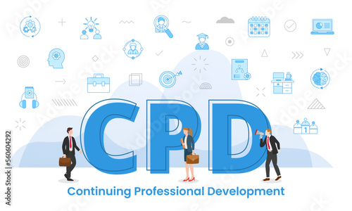 cpd continous professional development concept with big words and people surrounded by related icon spreading