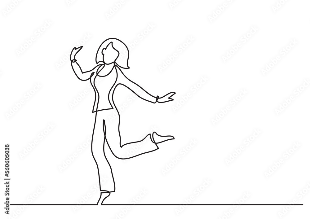 continuous line drawing cheering jumping woman - PNG image with transparent background