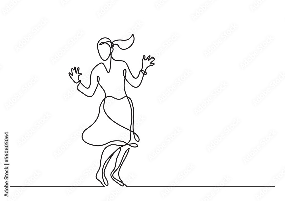 continuous line drawing cheering woman in skirt - PNG image with transparent background