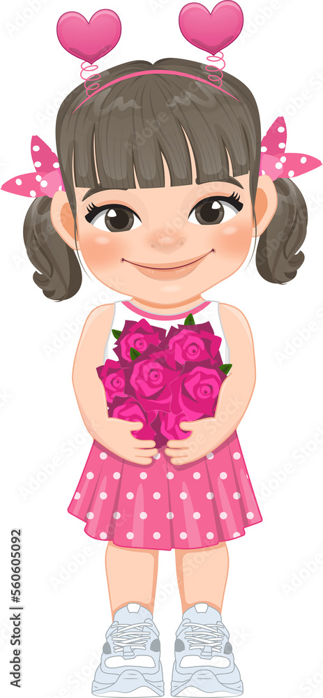 Valentine kid with little girl holding pink rose flowers. Dating, Celebrating Valentines day flat icon. Ash matte blonde ponytails hair young girlfriend cartoon character PNG. Valentine kid with little girl holding pink rose flowers. Dating, Celebrating Valentines day flat icon. Ash matte blonde ponytails hair young girlfriend cartoon character PNG.