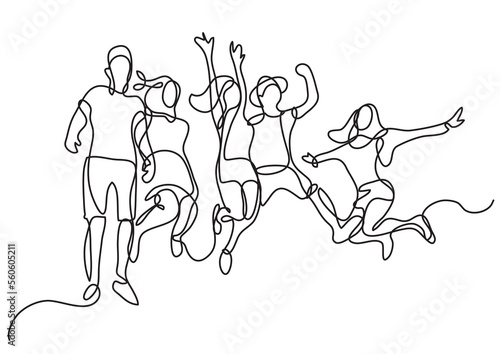 continuous line drawing happy jumping group of youth - PNG image with transparent background