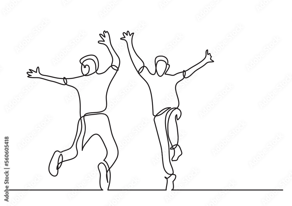 continuous line drawing two happy teenagers jumping - PNG image with transparent background