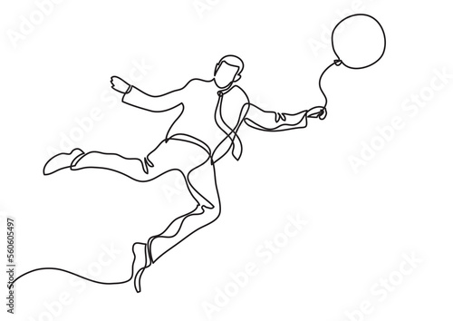 single line drawing businessman flying with balloon - PNG image with transparent background