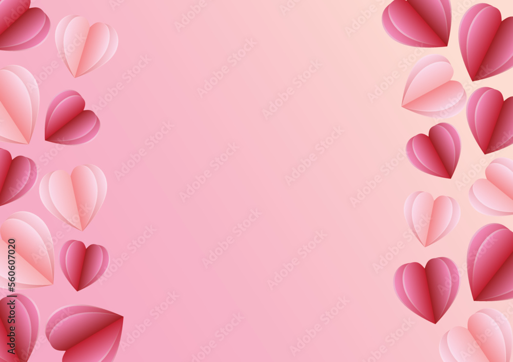 Paper elements in shape of heart flying on pink background.