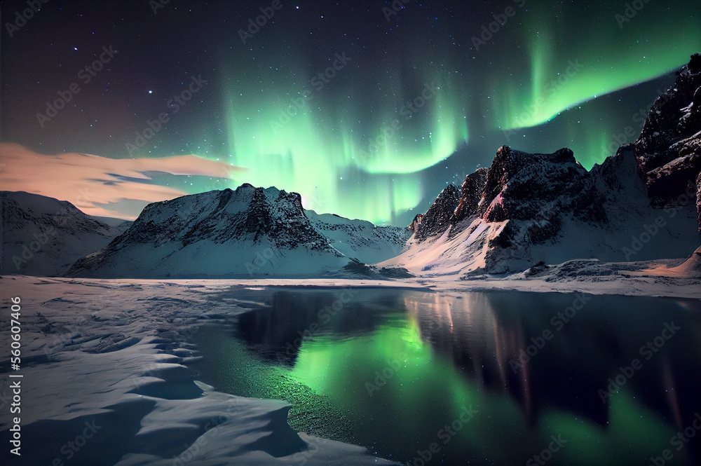 Green northern lights above mountains. Night sky with polar lights. Night winter landscape with aurora and reflection on the water surface.generative ai