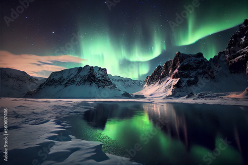 Green northern lights above mountains. Night sky with polar lights. Night winter landscape with aurora and reflection on the water surface.generative ai