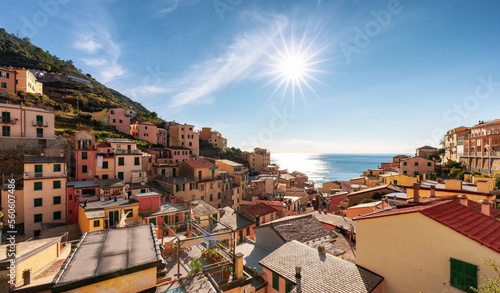 Colorful apartment homes in touristic town, Riomaggiore, Italy. Cinque Terre National Park