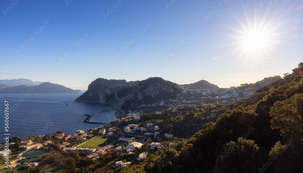 Fototapeta premium Touristic Town on Capri Island in Bay of Naples, Italy. Sunny Blue Sky.