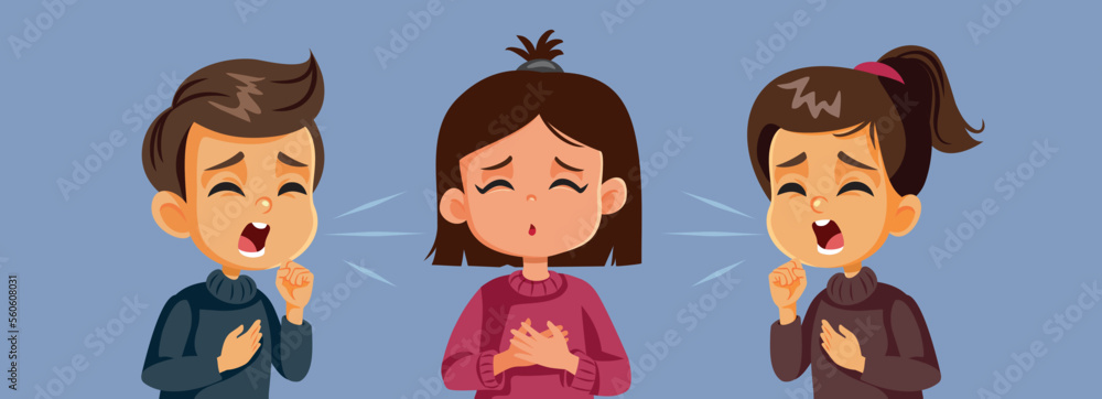 Fotografie Children Having Respiratory Problems in Flu Epidemic Vector Cartoon