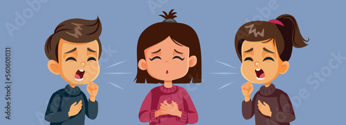 Children Having Respiratory Problems in Flu Epidemic Vector Cartoon. Kids spreading contagious viral disease in group gatherings at school
