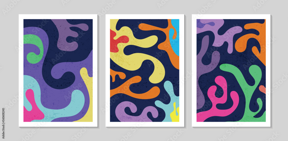 Set of abstract contemporary mid century posters with Fluid shapes and texture. Design for wallpaper, background, wall decor, cover, print, card. Modern boho minimalist art. Vector illustration.