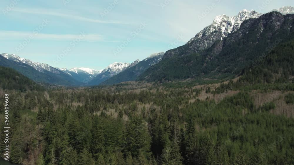 Peaceful Mountain Valley Aerial with Snowy Peaks Peaceful Mountain Valley Aerial with Snowy Peaks