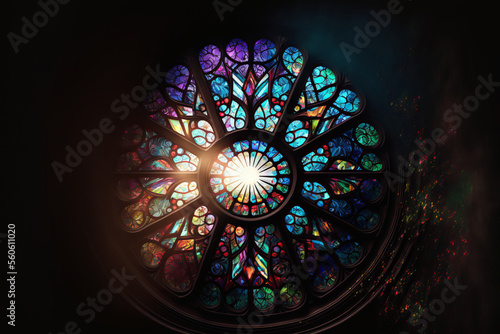 Fotografia Generative AI illustration of medieval Gothic styled window with colorful staine