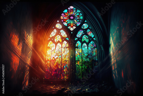 Obraz na płótnie Generative AI illustration of vibrant stained glass window of cathedral with pen