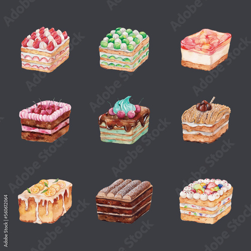 Set of Cakes. Hand drawn watercolor vector illustration