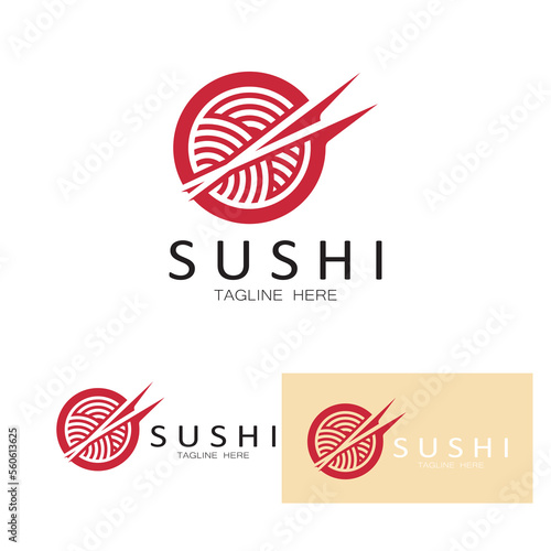 Sushi logo template.Vector Icon Style Illustration Bar or Shop, Sushi,Salmon Roll,Sushi and rolls with chopstick bar or restaurant vector logo template