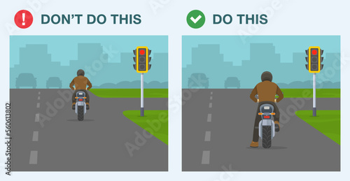 Do's and don'ts. Safe motorcycle riding rules and tips. Back view of a biker waiting on a red light. Reckless motorcyclist jumped a red traffic signal. Flat vector illustration template.
