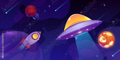 Cartoon rocket and alien UFO flying in outer space. Vector illustration of spacecraft, stars, meteors, planets, falling comets with trails in dark night sky. Cosmic galaxy exploration game background