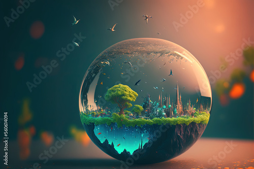 Beautiful microworld in a glass ball. Generative AI. photo