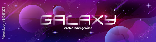 Space background for web banner design. Vector cartoon illustration of night sky with stars, planets, falling comets with trails, meteors and nebula effect in pink and purple colors. Place for text