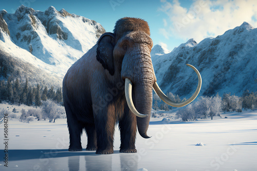 Big strong mammoth in winter. Generative AI.