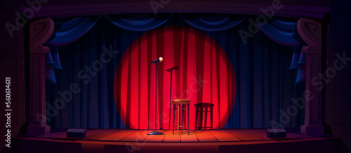Empty stage ready for stand up show or concert. Cartoon vector illustration of scene with red curtains, microphone and wooden stool in light beam. Comedy club performance