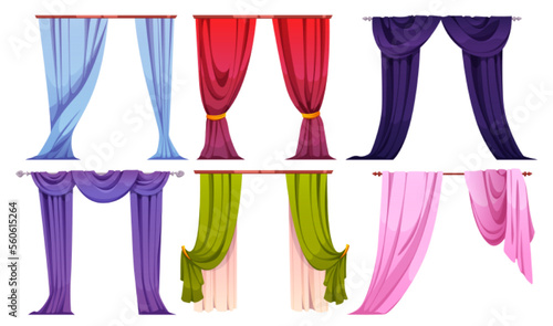 Cartoon set of color curtains isolated on white background. Vector illustration of thick and net textile in blue, red and green colors. Modern, classical home interior design elements