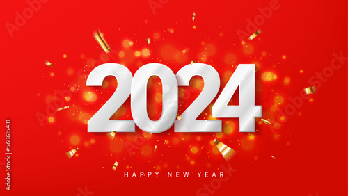 Happy New 2024 Year banner. 3d silver number 2024 isolated on red background with sparkles and golden cofetti. Vector illustration for decoration of New Year events, banners, posters and flyers.