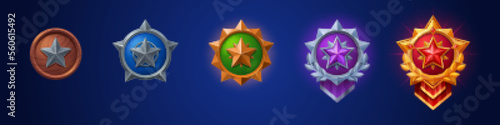 Cartoon set of game badges of different rank isolated on dark blue background. Vector illustration of round medals with star, wooden, stone, golden, silver metal textures. Collection of level awards