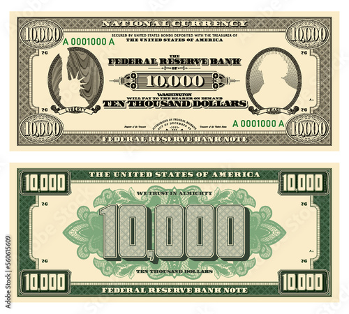 Vector new 10000 dollars banknote. Obverse and reverse of US paper money in retro style with ovals. Ribbons with inscriptions, Liberty and Chase.