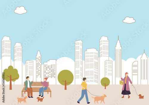 犬の散歩　都市背景