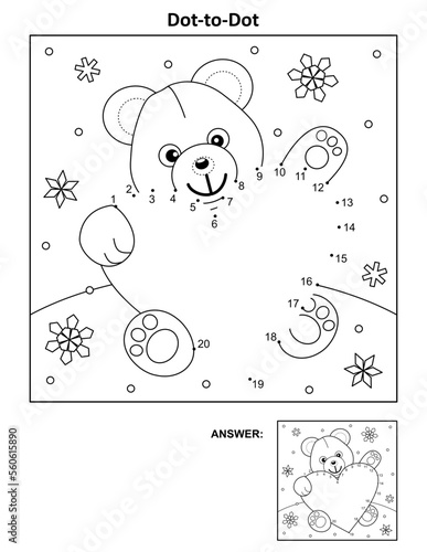 Valentine's Day dot-to-dot hidden picture puzzle and coloring page with teddy bear and heart. Answer included.
