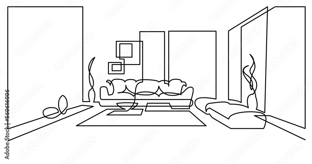 continuous line drawing of living room with couch ottomans coffee table - PNG image with transparent background