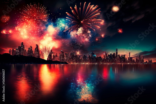 Brightly colorful fireworks in the night city . Generative AI