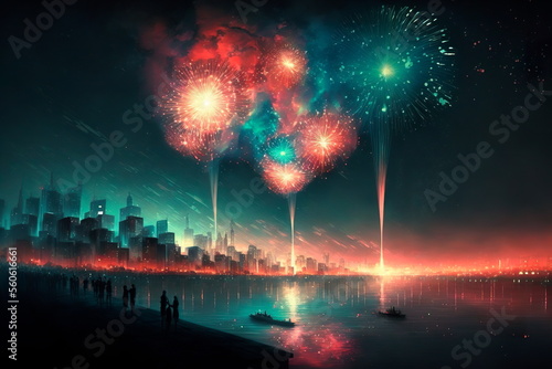 Brightly colorful fireworks in the night city . Generative AI © Лилия Захарчук
