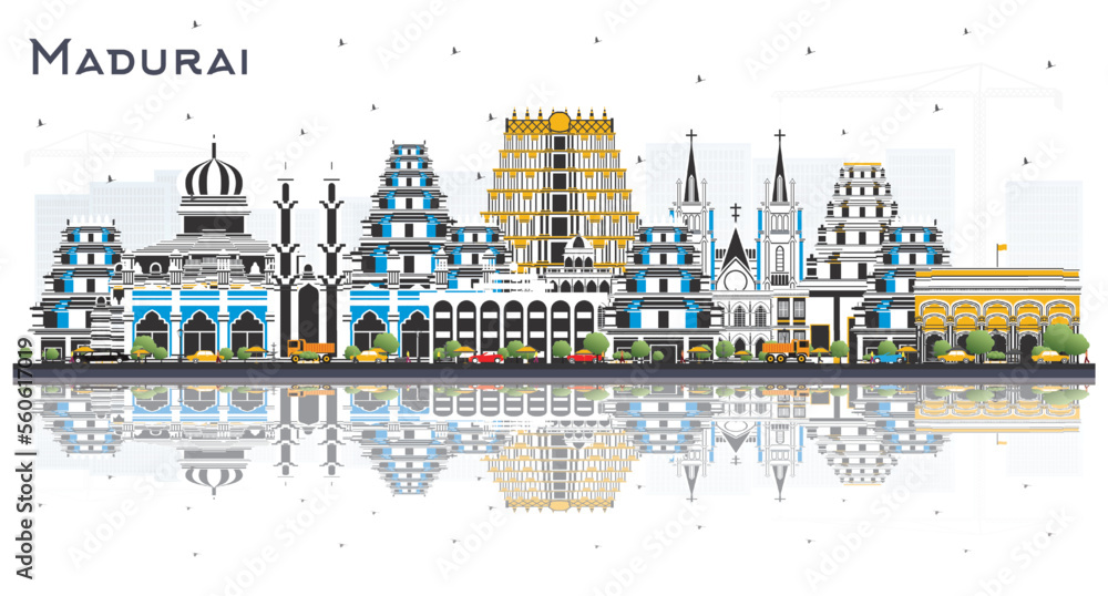 Madurai India City Skyline with Color Buildings and Reflections Isolated on White. Vector Illustration.