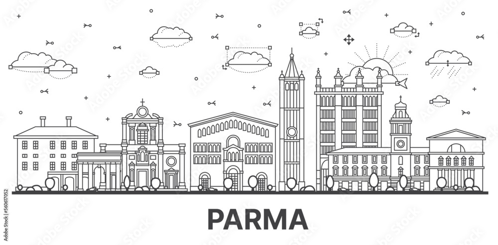 Outline Parma Italy City Skyline with Historic Buildings Isolated on White. Vector Illustration.