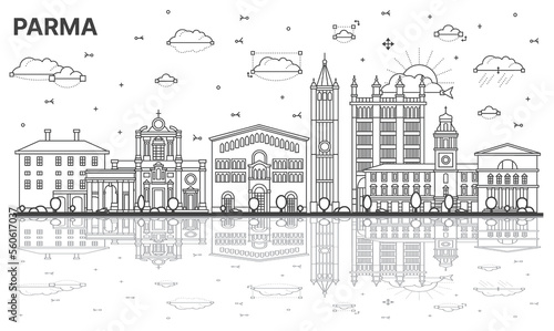 Outline Parma Italy City Skyline with Historic Buildings and Reflections Isolated on White.